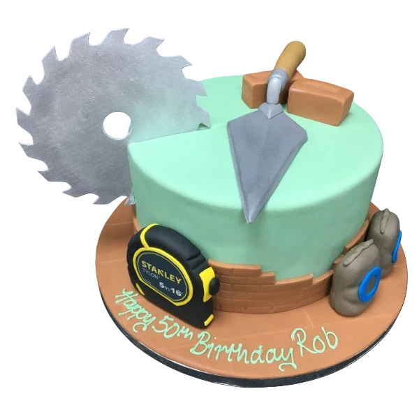 A unique and eye-catching cake featuring realistic edible bricklayer tools, perfect for DIY and construction enthusiasts. Ideal for birthdays and special occasions.