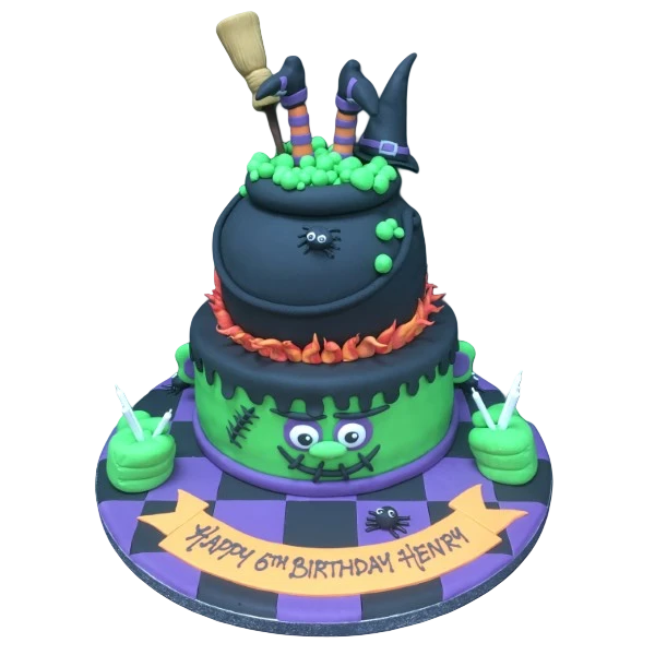 Bespoke Halloween cauldron cake with green bubbling icing and spooky decorations in Solihull, West Midlands.