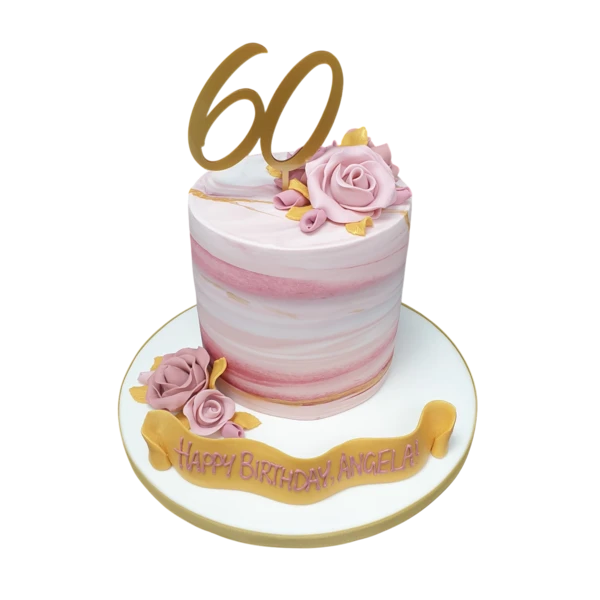 Tall bespoke marbled cake adorned with delicate rose decorations, perfect for celebration in Solihull, West Midlands.