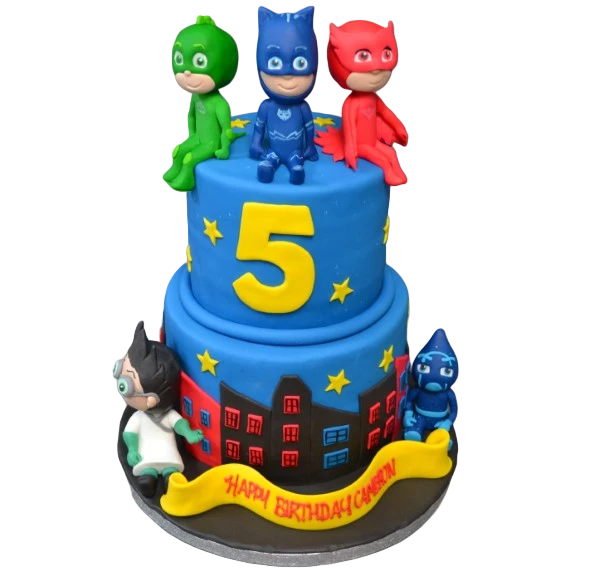Bespoke PJ Masks duo cake with vibrant character toppers, detailed icing, in Solihull, West Midlands celebration.