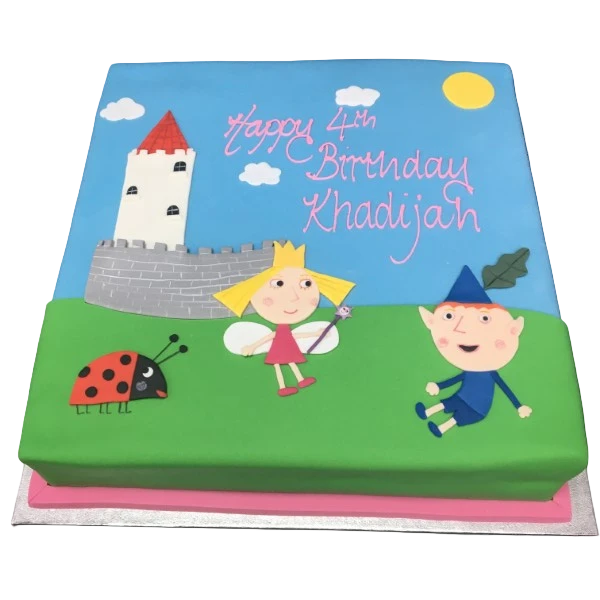Bespoke cake featuring Ben and Holly characters with vibrant colors, crafted for celebration in Solihull, West Midlands.