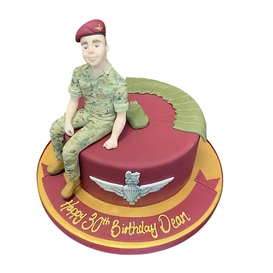 Bespoke Paratrooper Army Parachute Regiment cake with detailed parachute and soldier design in Solihull, West Midlands.