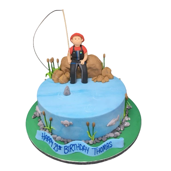 Bespoke fishing-themed cake with edible rods and fish, crafted for a celebration in Solihull, West Midlands.