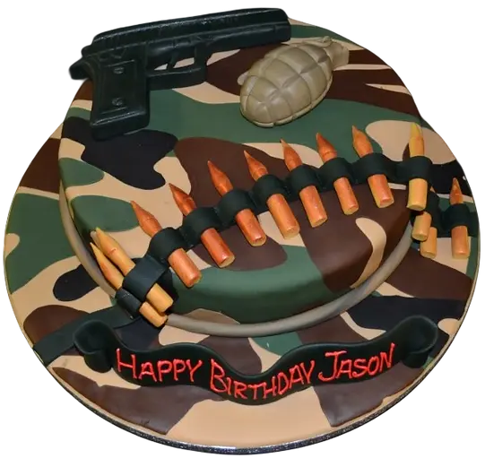 Bespoke army-themed round cake with camouflage patterns and edible dog tags, crafted in Solihull, West Midlands.