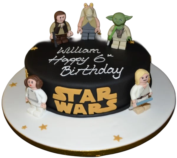 A visually stunning LEGO Star Wars characters themed cake, perfect for fans of the iconic franchise. Bright, colorful and detailed design.