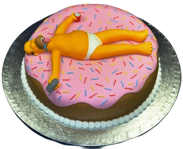 A fun and playful Simpsons-themed cake featuring Homer Simpson sitting on a giant doughnut, perfect for fans of the iconic TV show.