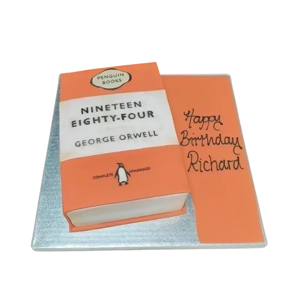 Eye-catching Nineteen Eighty-Four themed cake perfect for a literary enthusiast's celebration. Handcrafted with meticulous detail and design.