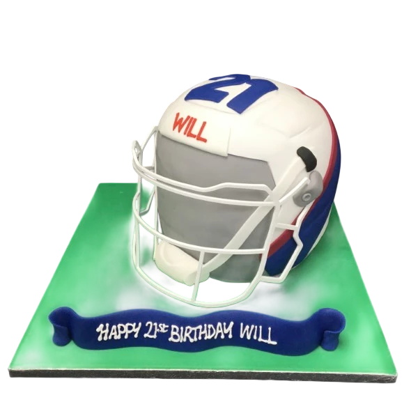 Bespoke American football helmet cake with detailed facemask and team colors, crafted in Solihull, West Midlands.