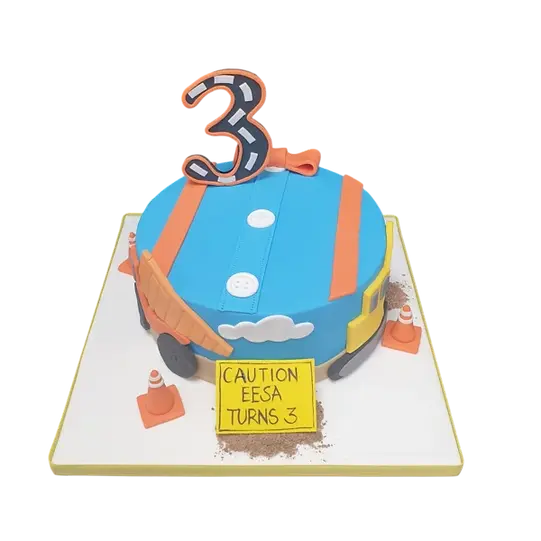 Bespoke Mr Bloopy Builder cake with colorful fondant tools and construction details in Solihull, West Midlands.