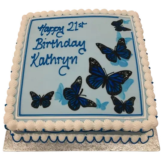 Bespoke blue butterfly-themed cake with delicate fondant wings, crafted for a celebration in Solihull, West Midlands.