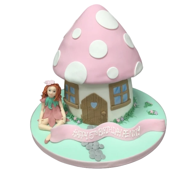 Adorable and whimsical fairy and toadstool house themed cake, perfect for magical celebrations. Handcrafted with intricate details and vibrant colours.