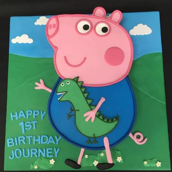 Colourful George Pig full-body cake decoration from Peppa Pig cartoon, perfect for themed parties and celebrations.