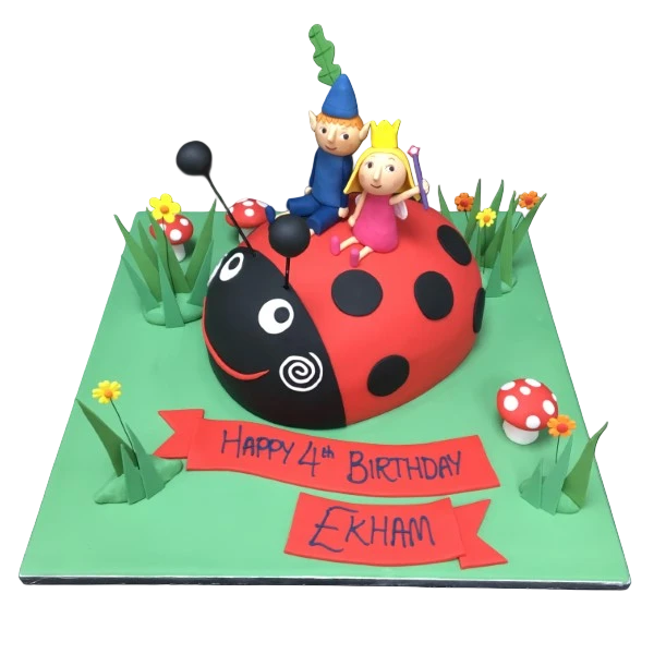 Bespoke Ben and Holly celebration cake featuring Lady Bird character, decorated with vibrant colors in Solihull, West Midlands.