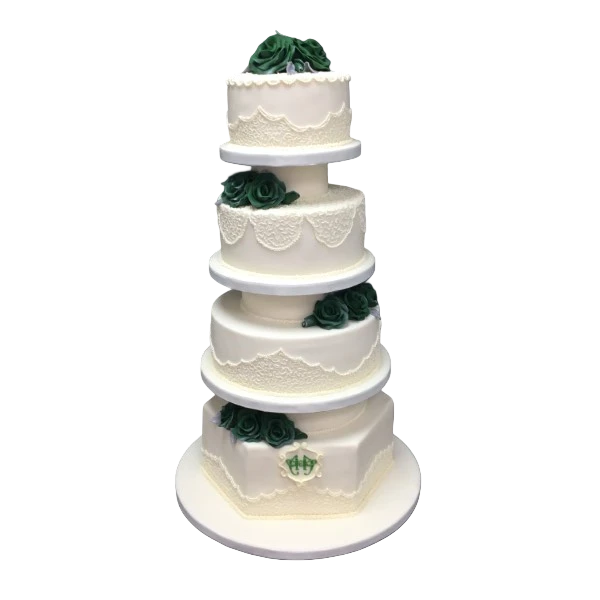 Five-tier wedding cake with white sugar paste and emerald green roses.