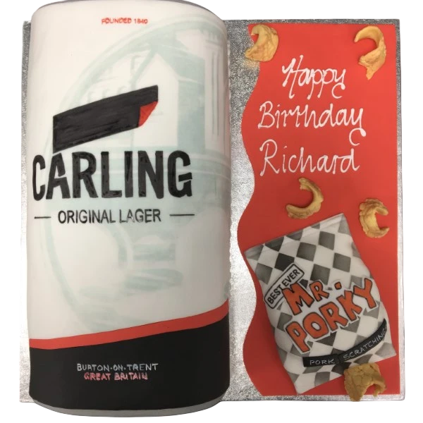 Bespoke celebration cake topped with Carling beer and pork scratchings, crafted in Solihull, West Midlands.