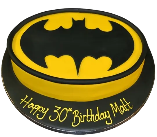Bespoke Batman logo cake with black and yellow icing, crafted for a celebration in Solihull, West Midlands.