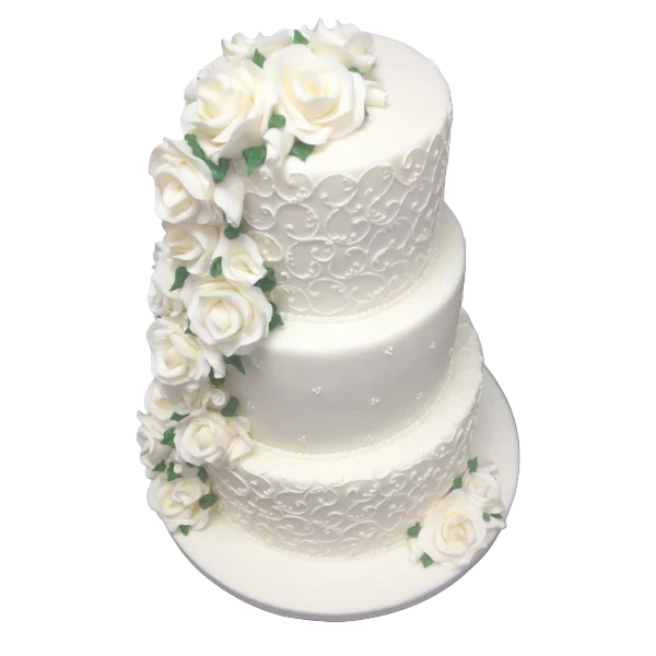 Three-tiered wedding cake with white sugar paste, adorned with cascading white roses.