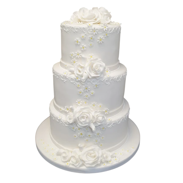 Four-tiered wedding cake with ivory sugar paste and floral decorations, featuring roses and daisies.