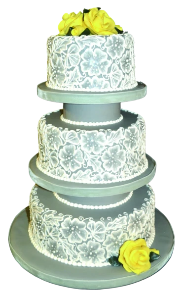 Four-tier grey wedding cake with white floral patterns and yellow roses.
