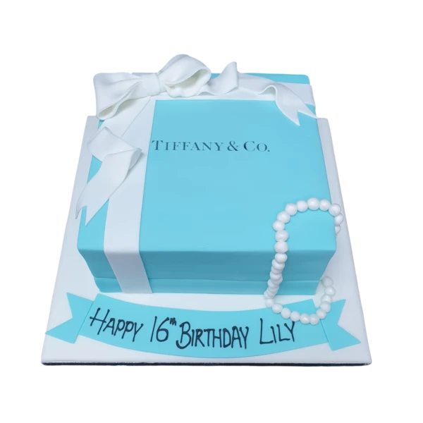 Bespoke Tiffany Box cake with blue fondant and white ribbon detail, perfect for celebration in Solihull, West Midlands.