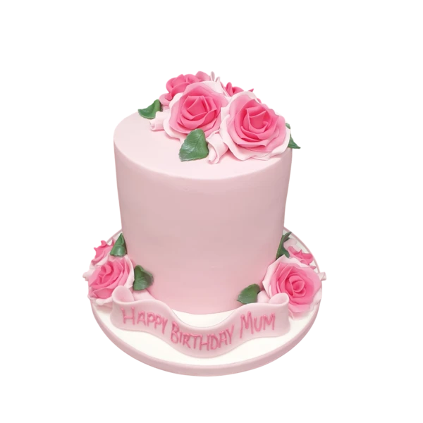 Tall bespoke cake adorned with cascading pink roses, perfect for celebration in Solihull, West Midlands.