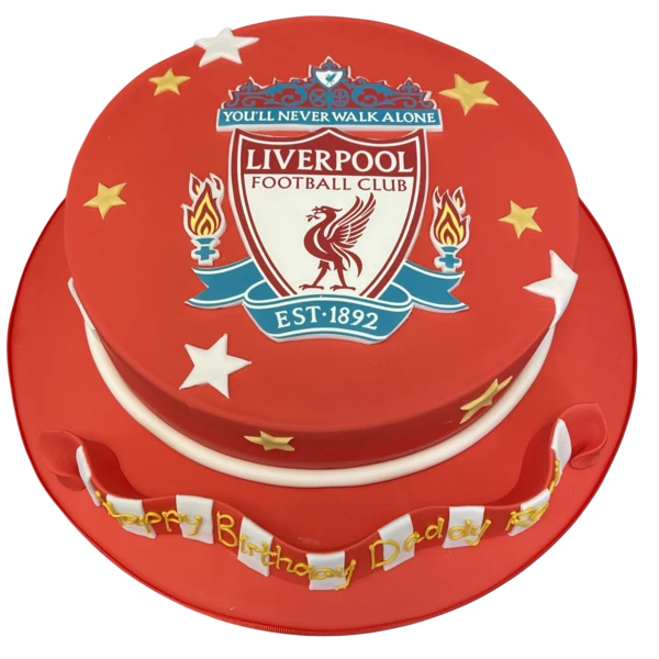 A football-themed cake featuring the iconic Liverpool Football Club emblem and colours, perfect for any Liverpool FC fan's celebration.