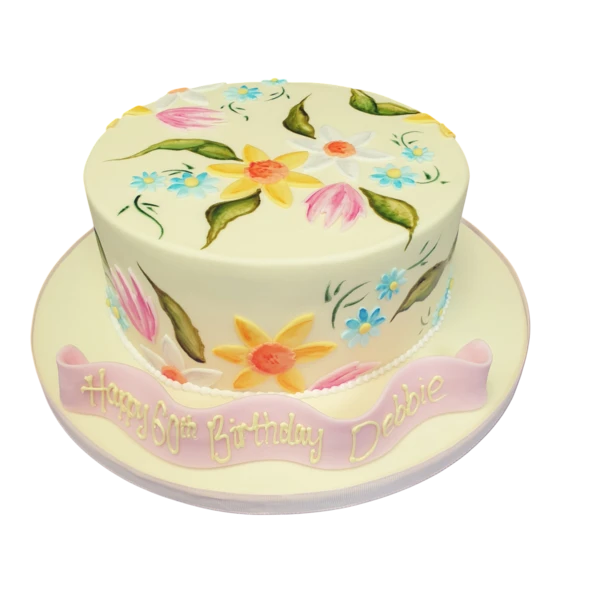 Bespoke floral print celebration cake with pastel blossoms, crafted in Solihull, West Midlands.