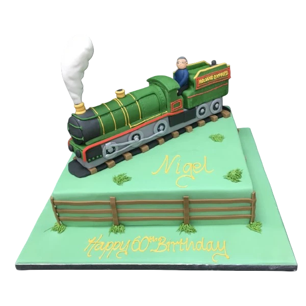 Bespoke steam train cake with detailed wheels and tracks on a square base, crafted in Solihull, West Midlands.