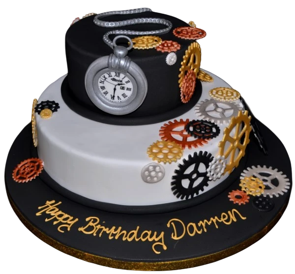 Bespoke cake featuring detailed cogs and a watch design, crafted for a celebration in Solihull, West Midlands.