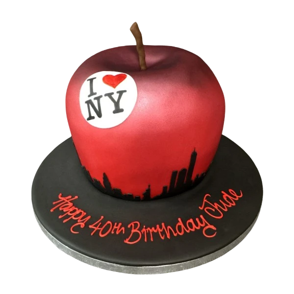 Bespoke New York Big Apple cake with red apple design and city skyline, crafted in Solihull, West Midlands.