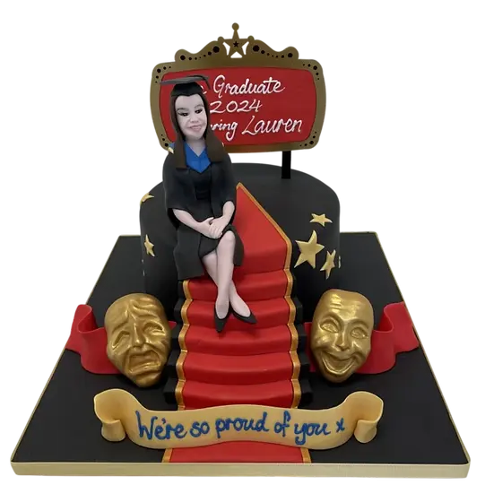 Bespoke theatre-themed celebration cake with stage curtains and spotlight details in Solihull, West Midlands.