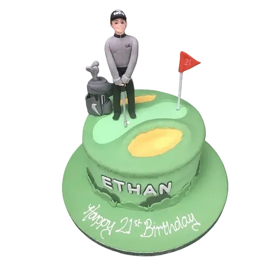 Bespoke golfer-themed cake with edible golf ball and green fondant, crafted in Solihull, West Midlands.