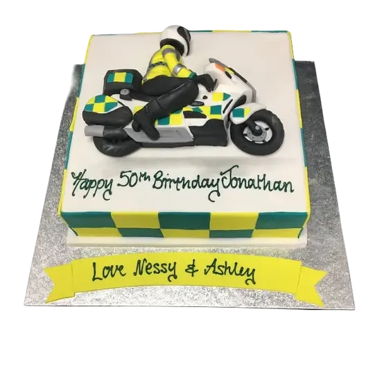 Bespoke motorcycle paramedic celebration cake with detailed bike and medical emblem, Solihull, West Midlands.