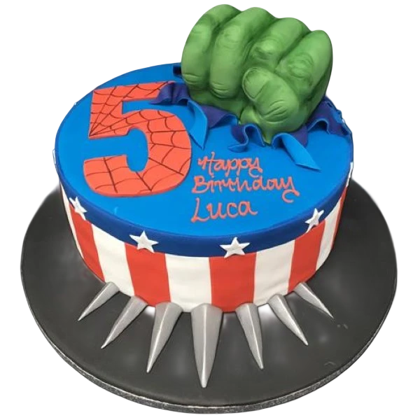 A superhero-themed round cake featuring Hulk, Captain America, and Black Panther designs against a vibrant background. Perfect for comic book fans!