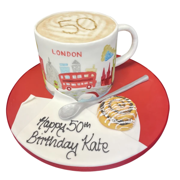 Classically designed Starbucks London mug cake with delicate decoration and intricate detailing, perfect for any coffee lover's celebration.