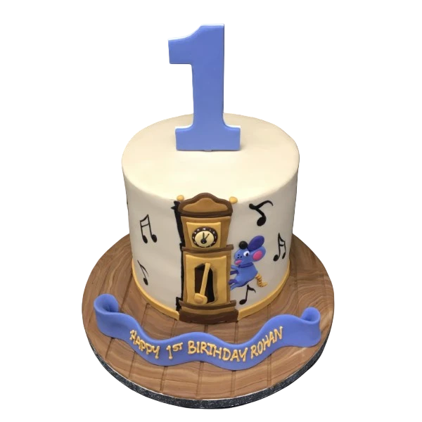 Bespoke cake in Solihull, West Midlands featuring a clock with a mouse climbing up, inspired by Hickory Dickery Dock.
