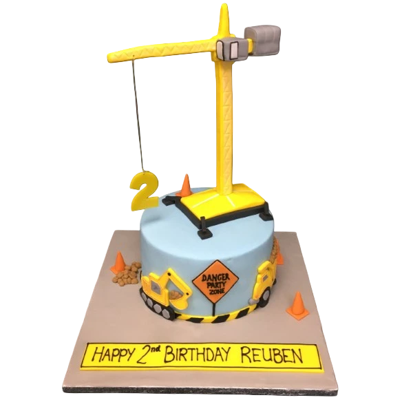 Bespoke cake in Solihull, West Midlands featuring detailed crane and construction worker decorations for celebration.