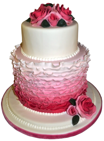 Two-tier wedding cake with pink ombré ruffles and sugar paste roses.