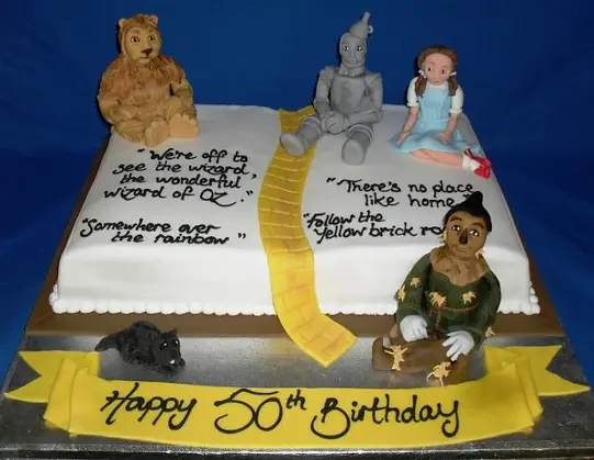 Bespoke Wizard of Oz open book cake with detailed characters, crafted for celebration in Solihull, West Midlands.