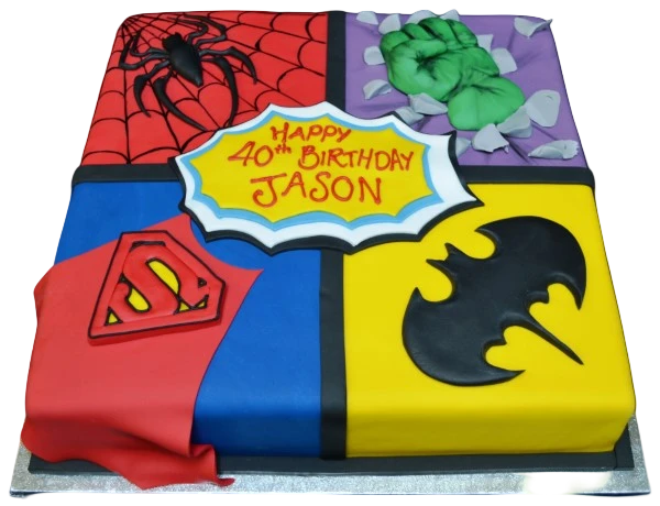 Bespoke Marvel superhero-themed square cake with vibrant edible images, crafted in Solihull, West Midlands.