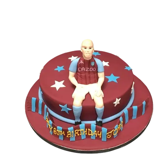 Bespoke single round cake featuring an AVFC footballer design, perfect for celebration in Solihull, West Midlands.