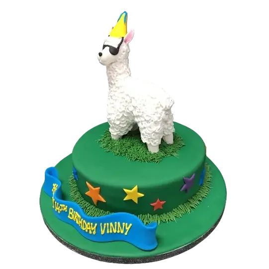 Bespoke Party Alpaca cake with colorful fondant decorations, set in Solihull, West Midlands celebration.