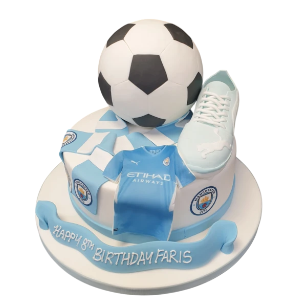 A fun and colorful football-themed cake decorated with footballs, goalposts, and a grassy pitch design, perfect for sports enthusiasts.