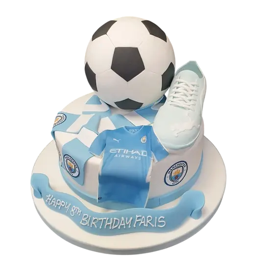 Bespoke football-themed cake with green pitch and goalposts, crafted for celebration in Solihull, West Midlands.