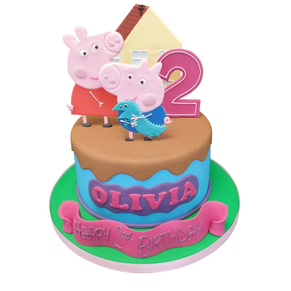 Bespoke Peppa Pig and George celebration cake with colorful fondant figures in Solihull, West Midlands.