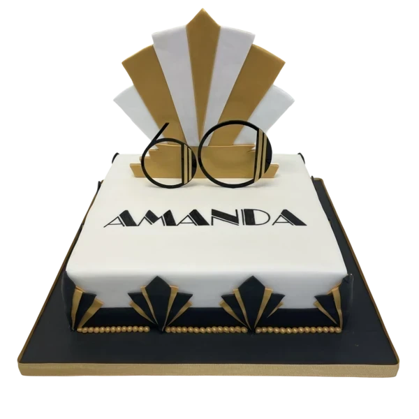 Elegant and stylish Art Deco-inspired cake design with intricate geometric patterns and gold accents. Perfect for a luxurious celebration.