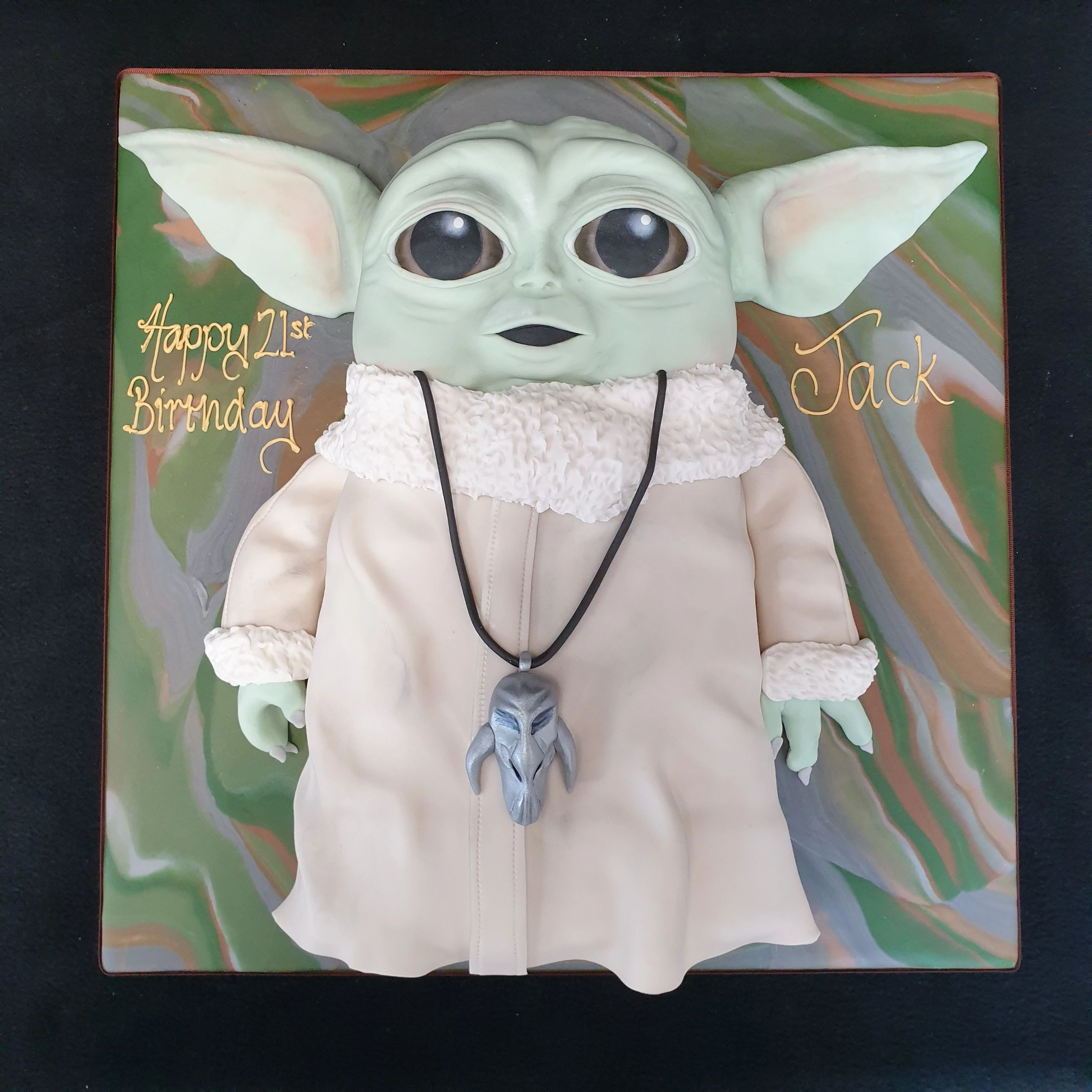 A cute and charming Baby Yoda cake inspired by the popular character, perfect for fans of the iconic Star Wars series.
