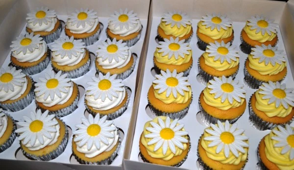 Beautiful daisy cupcakes with vibrant yellow and white frosting, perfect for any celebration or party.