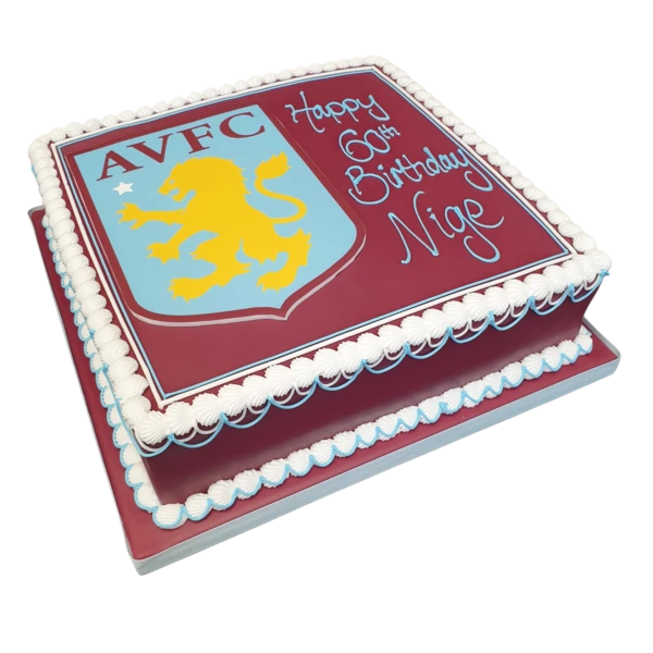 Bespoke cake featuring the Aston Villa badge with claret and blue icing in Solihull, West Midlands.