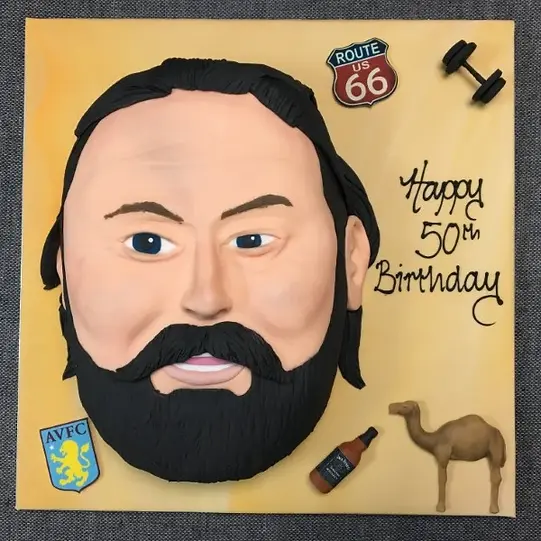 Bespoke cake shaped as a bearded man’s head with detailed facial features, crafted in Solihull, West Midlands.